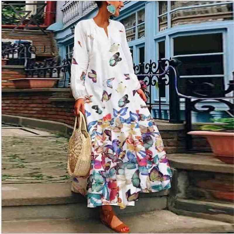 Women Dress Long Sleeve Print Dresses Plus Size Vintage Flowers Red White Blue Black Clothes 210513