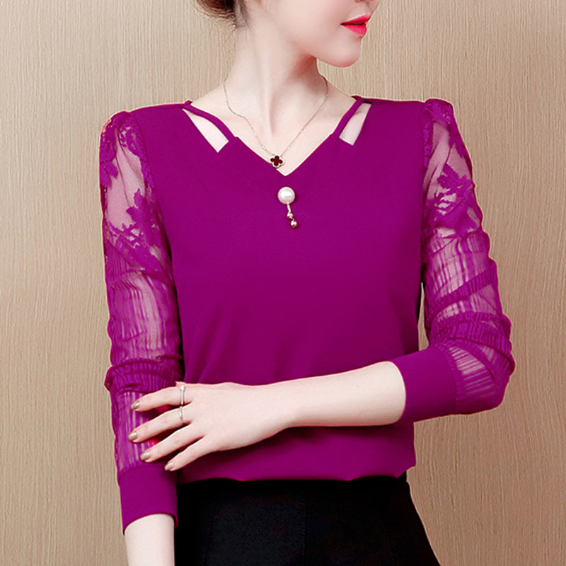 Lace women V neck shirts hollowed-out chiffon blouse 's long sleeve tops and blouses blusas plus size 2314 50 210427