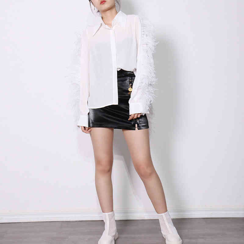 Casual White Chic Shirt For Women Lapel Long Sleeve Patchwork Feather Shirts Female Fashion Clothing Spring 210524