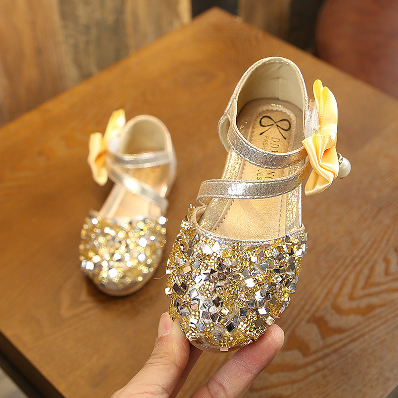 Melario New Children Leather Shoes Casual Girls Princess Flat Heel Party Shoes Fashion Sequins Bow Pearl Kids Shoes for Girls 210412