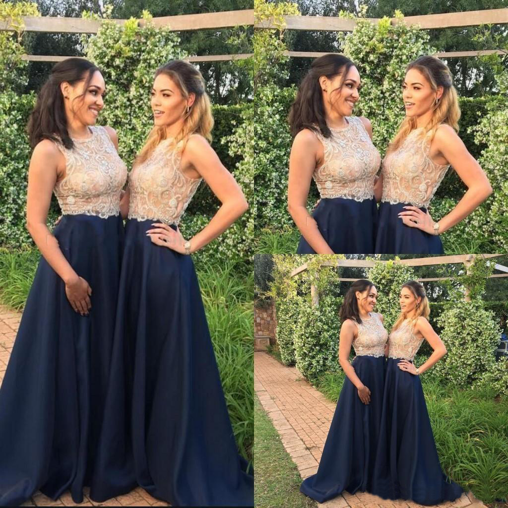 2021 New Gold and Bridesmaid Dresses Navy Blue Sheer Neck Mor Beaded Floor Length Wedding Guest Party Prom Evening Gowns 0509