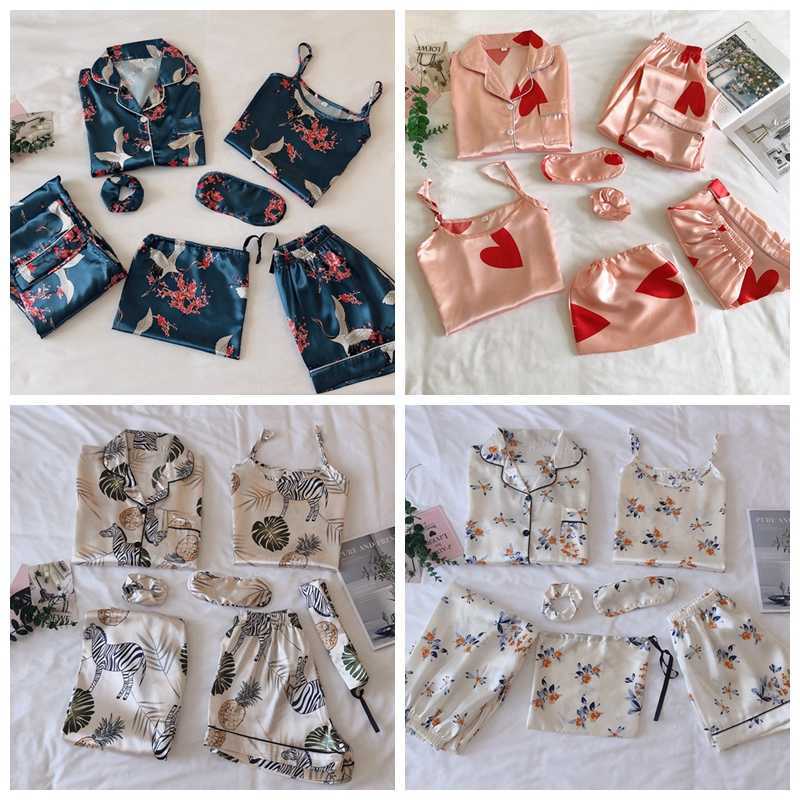 JULY'S SONG Women Pajamas Set 7 Pieces Satin Stripes Faux Silk Printing Pajamas For Woman Spring Summer Sleepwear Homewear 210924