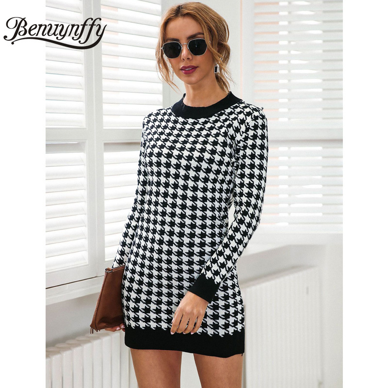 O-Neck Contrast Black Houndstooth Knitted Dresses Women Autumn winter Long Sleeve Casual Stretch Bodycon Mini Dress 210510