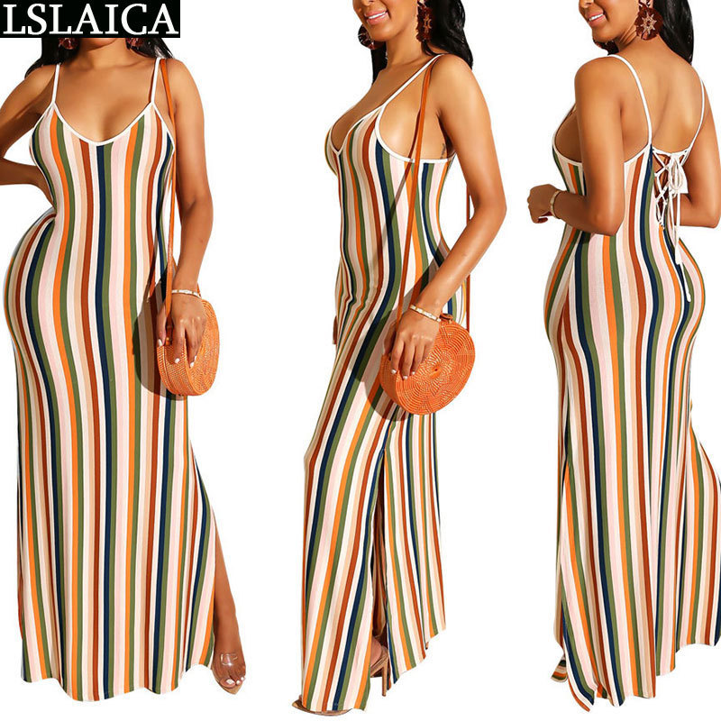 Sexy Dress Striped Print Backless Summer Sling Night Club Floor-Length Beach Style Hem Split Fashion Clothing Bohemian 210515