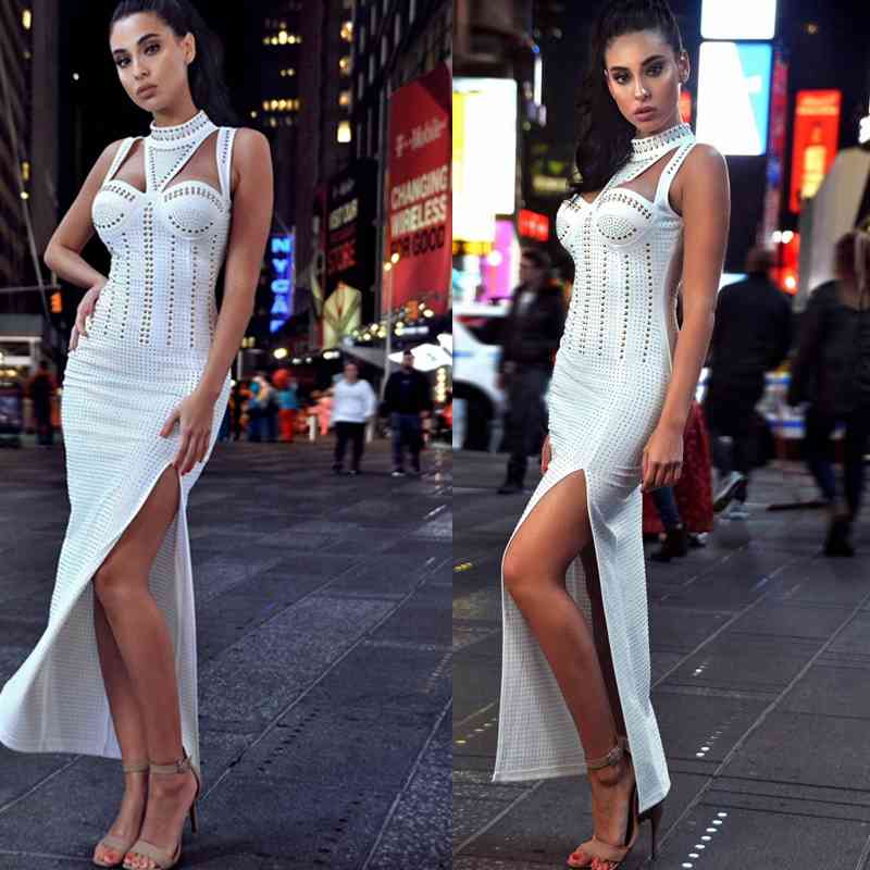 Summer Elegent Women White Black Studded Choker Side Split Dress Diamonds Celebrity Evening Party Beading Maxi 210519
Summer Elegent Women White Black Studded Choker Side Split Dress Diamonds Celebrity Evening Party Beading Maxi 210519