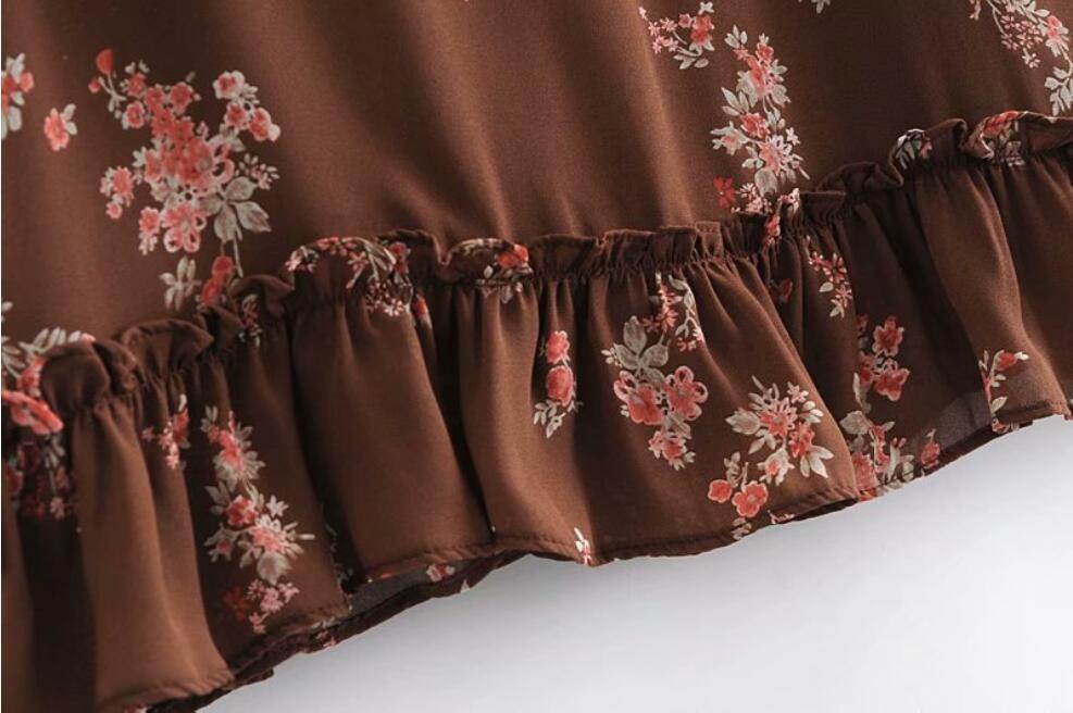 Spring Women BOHO Coffee Flower Print Short Dress Sexy Ladies Spliced Wood ears Ruffle Flare Sleeve Back Slit Dresses 210429