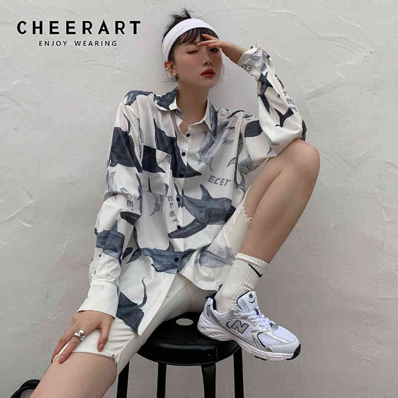 Shark Print Oversized Shirt White Long Sleeve Top Women Button Up Collar High Fashion Blouses 210427