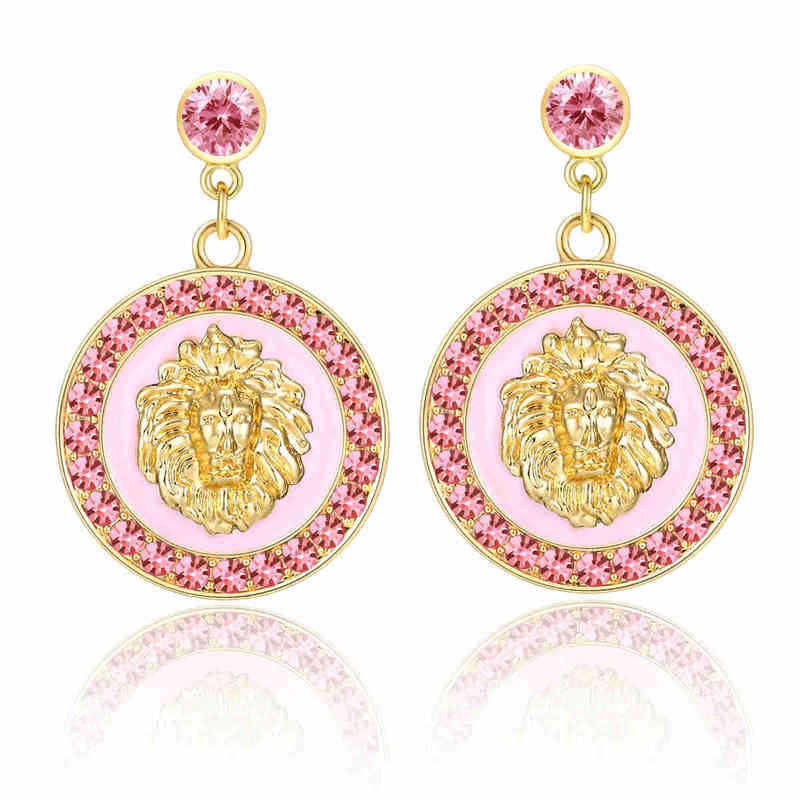 Hip Hop Gold Lion Head Stud Earring Punk Trendy Crystal Colored Enamel Fashion Basketball Wives Cocktail Costume Jewelry 220209