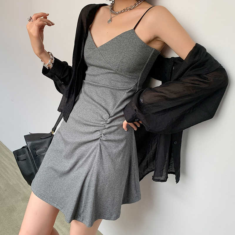Summer mini dress vintage french style high waist slim black grey beach bodycon dresses sexy skinny club wear 210608
