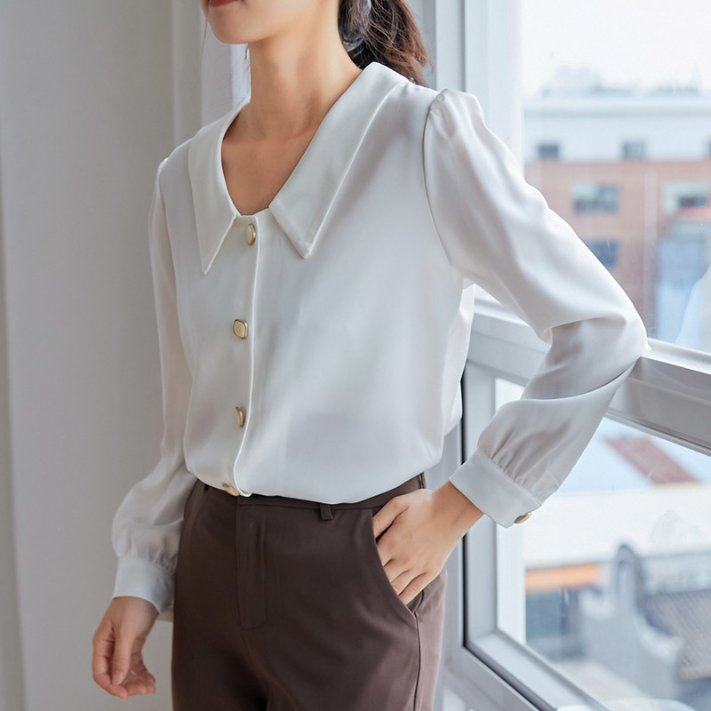 Blouses for Women's Autumn Yellow Peter Pan Collar Long Sleeve Solid Single-breasted Chiffion Shirts Female 210514