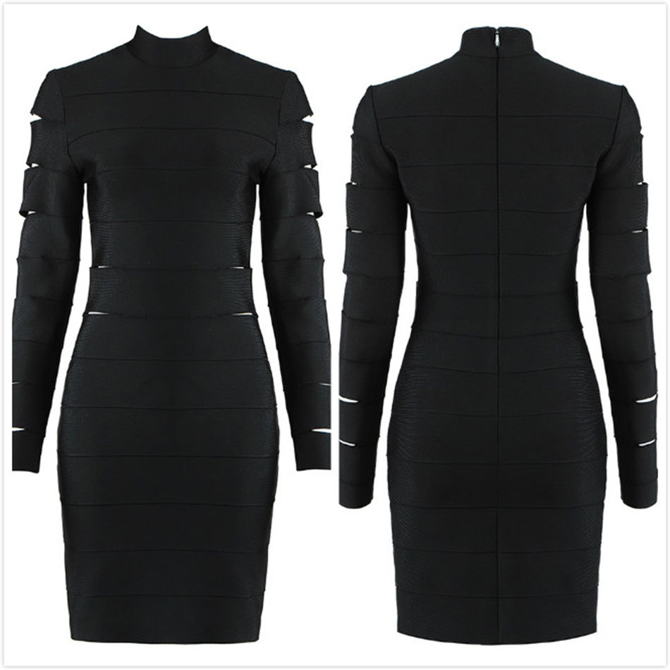 Free Women's Black Bandage Dress Sexy O-neck Long Sleeve Bodycon Hollow Elegant Club Party Vestido 210524