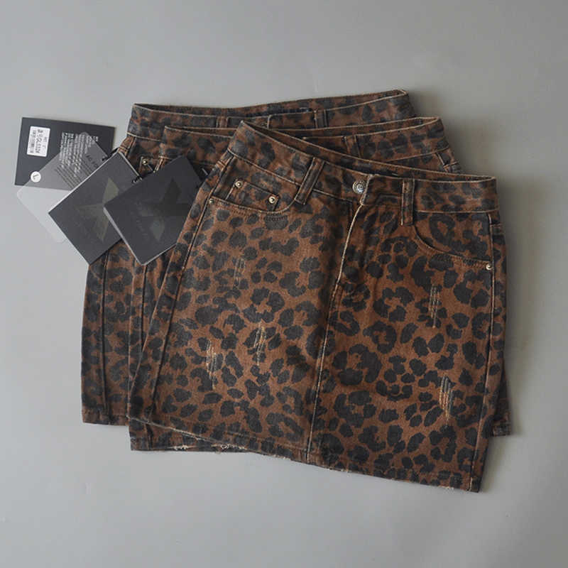 Sexy ripped leopard print skirts mini denim Streetwear pencil high waist faldas mujer moda 210621