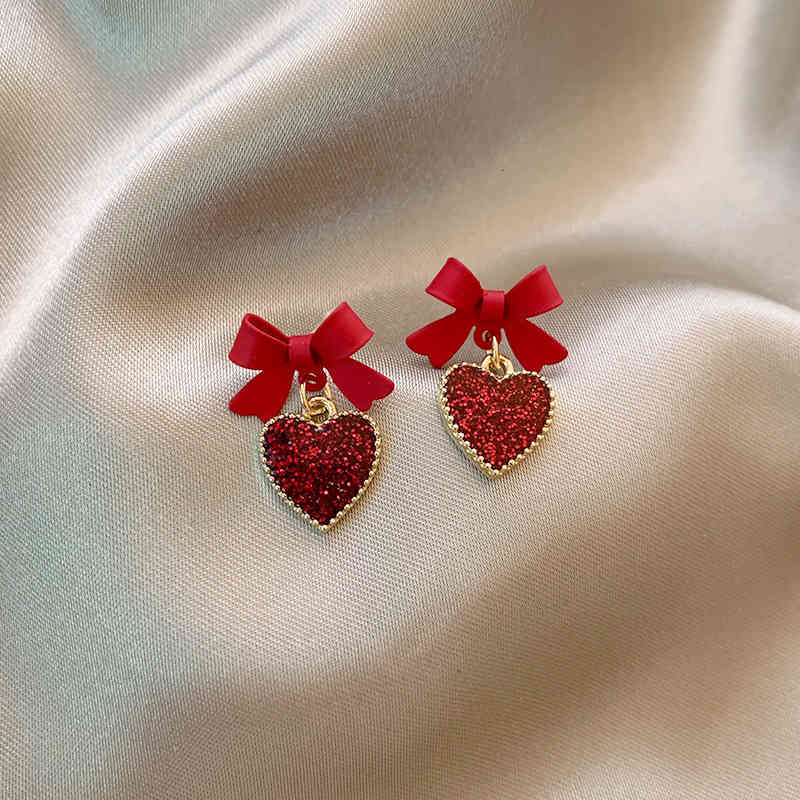 Charms Ear Stud Clip Rings S925 Silver Needle Red Bow 2021 Autumn and Winter Minority Bride Temperament Frosted Love Female