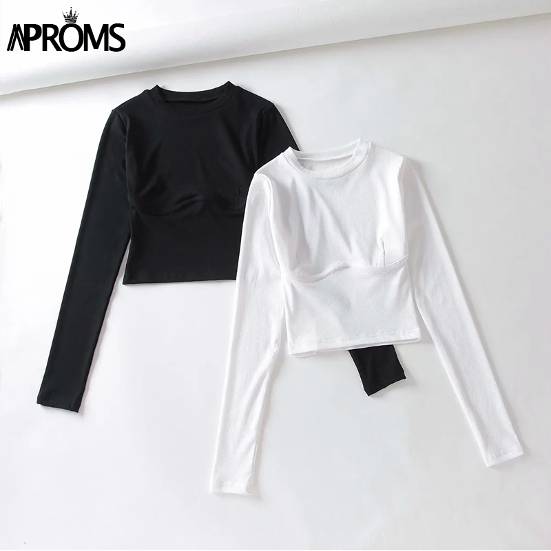 Aproms Elegant Ribbed Knitted Long Sleeve T-shirt Women Autumn Winter Drawstring Ruched Basic Crop Top Streetwear Bodycon Tshirt 210406