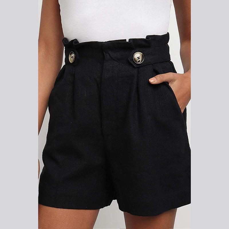 Summer High Waist Cotton Linen Shorts Women Casual Loose Ladies Fashion Roll Up Hem Elastic Pocket 3 Colors Female Women's