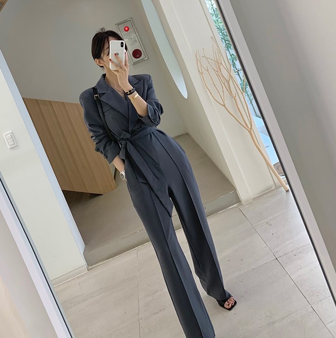 Elegant Notched Collar Double Breasted Playsuits Long Pants Chic Sashes Office OL High Waist Slim Retro Jumpsuit Women 210519