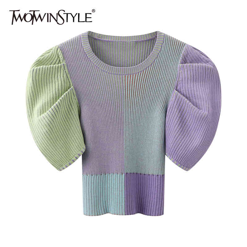 TWOWINSYLE Casual Hit Color Shirt For Women O Neck Puff Short Sleeve Slim Patchwork Shirts Female Summer Fashion ide 210524, Purple
TWOWINSYLE Casual Hit Color Shirt For Women O Neck Puff Short Sleeve Slim Patchwork Shirts Female Summer Fashion ide 210524, Purple
