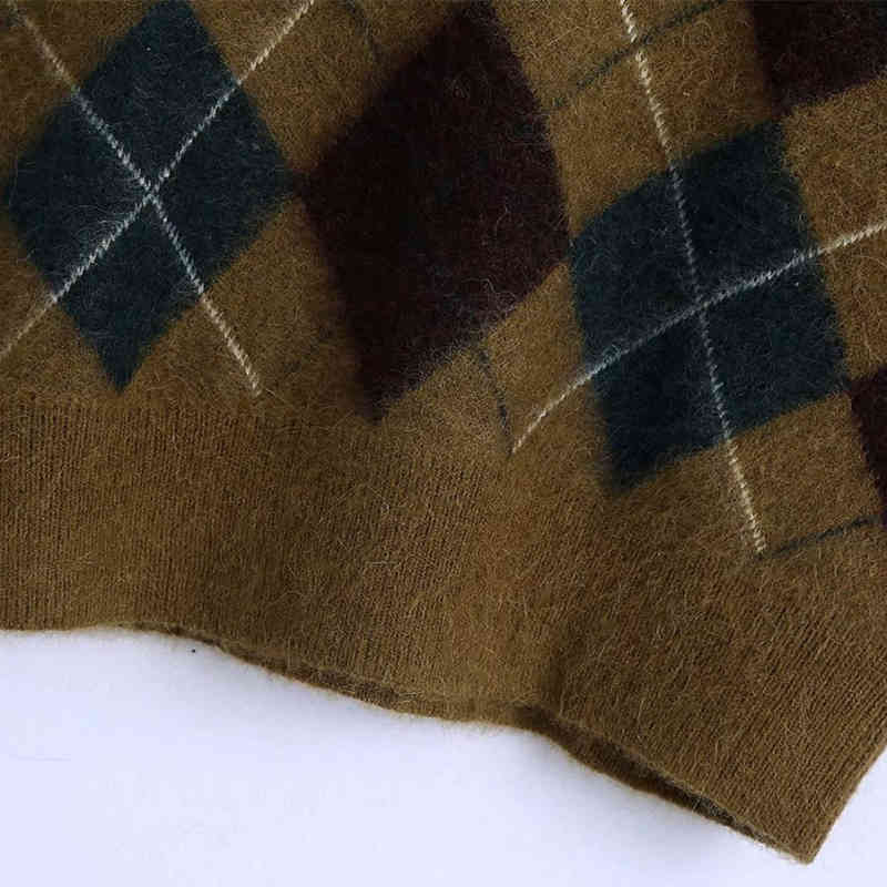 Vintage Women Loose Argyle Knitted Sleeveless Sweater Chic Ladies Autumn Soft Oversized Vest Female Casual V Neck Tops 210515