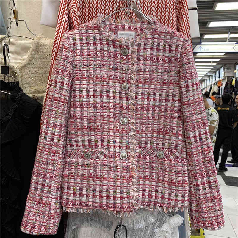 Autumn Winter Vintage Pink Plaid Jackets Coat Women Tweed Overcoat Tassel Long Sleeve Slim Jacket Tops Female Outwear 210421