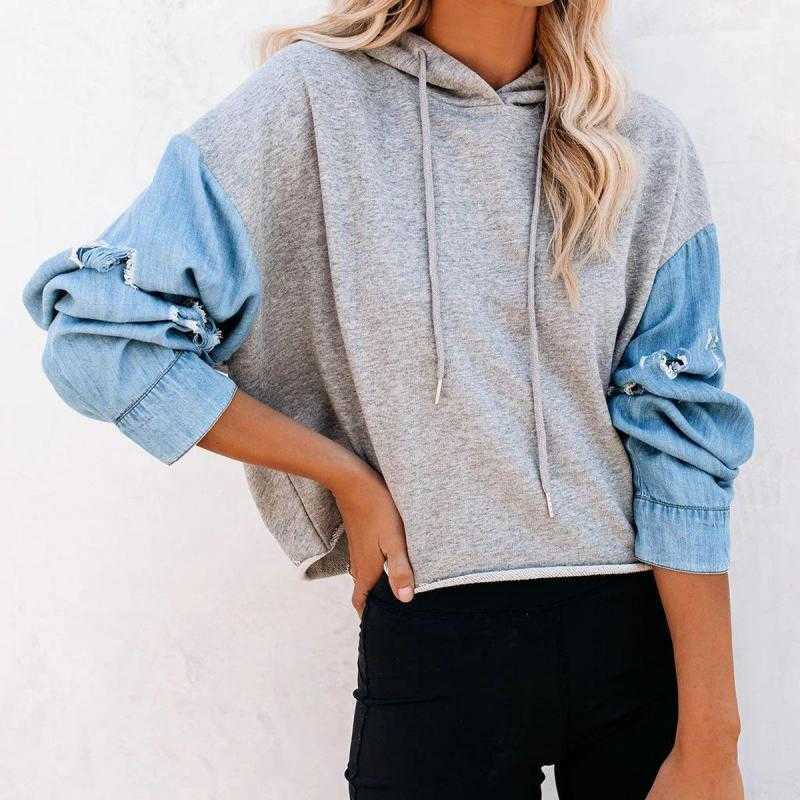 Women Hoodie Cotton Hooded s Sweatshirts Pullove Denim Stitching Coat Loose Casual s Hoodies Autumn 210524