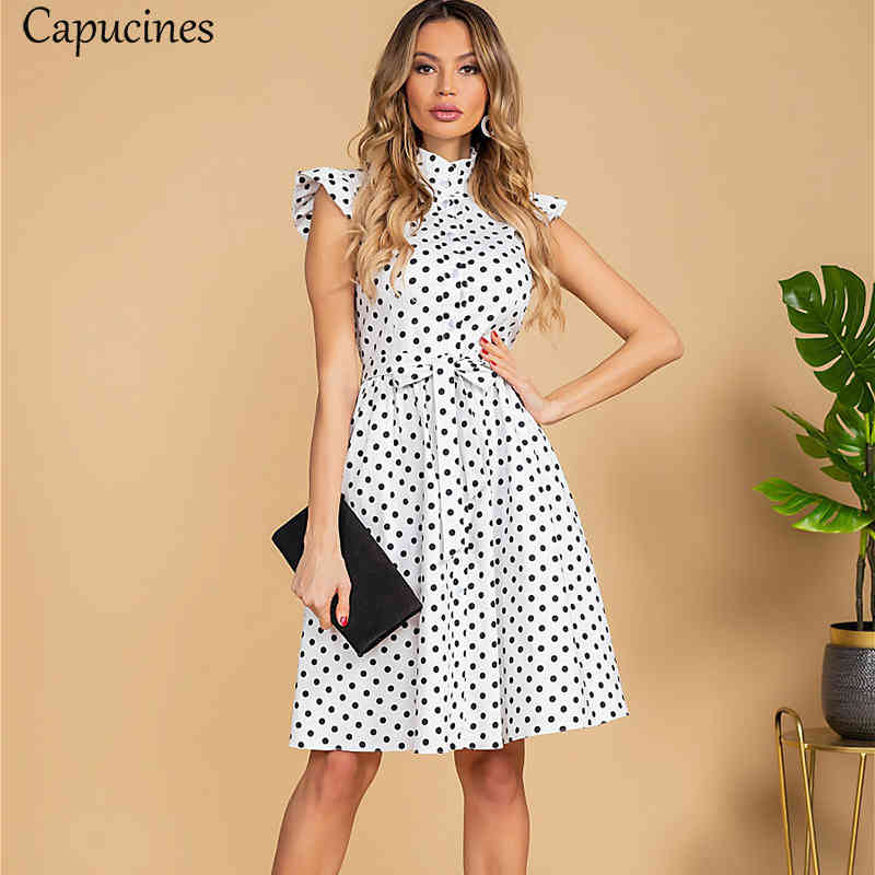 Capucines Ladies Vintage Ruffles Stand Collar Summer Dress Polka Dot Print Single Breasted Sashes A line Mini Dresses For Women 210409