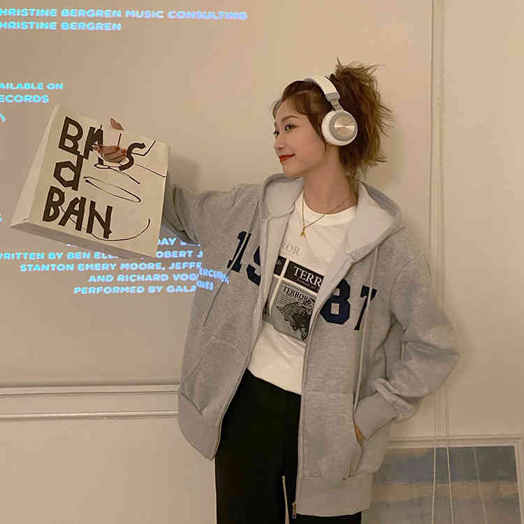 3 colors Women Autumn Winter Hoodie Coats Warm Jacket Casual Tops digit letter Female Thick Coat womens (F4105) 210423