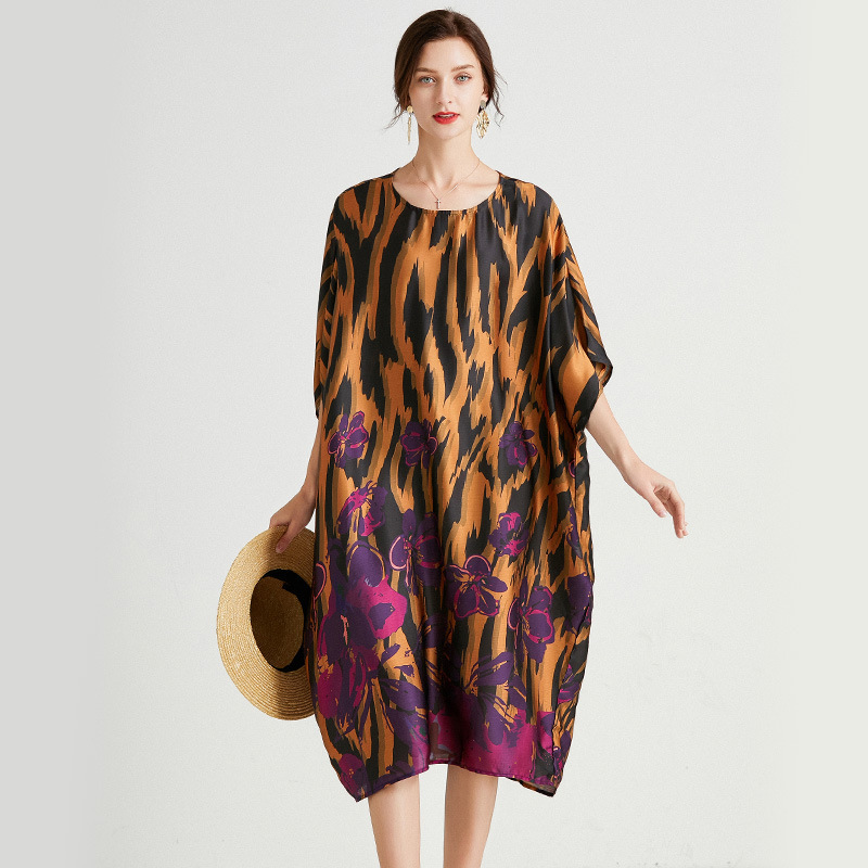 Vintage Silk Dress Summer Loose Printed Batwing Sleeve Plus Size Dresses Women Streetwear Clothing 2D3637 210526