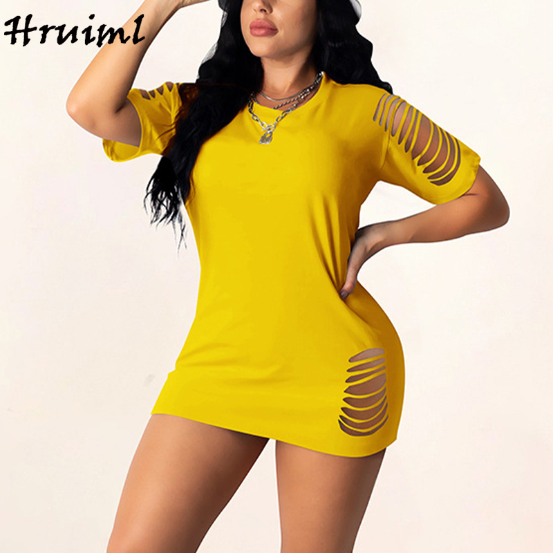 Wholesale Female Clothes Short Sleeve Plus Size Dresses Women Solid Hole Burnt Flower Technology Fashion Casual Dress 210513