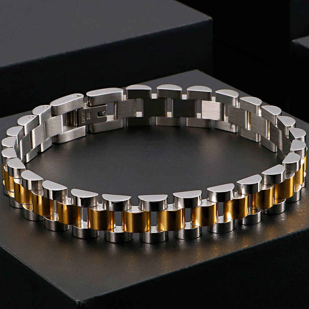 Golden Stainless Steel Men's Bracelet For Men 10MM Wide Watch Chain Ladies Female Bracelets Wholesale Boys Jewellery Accessories 210609