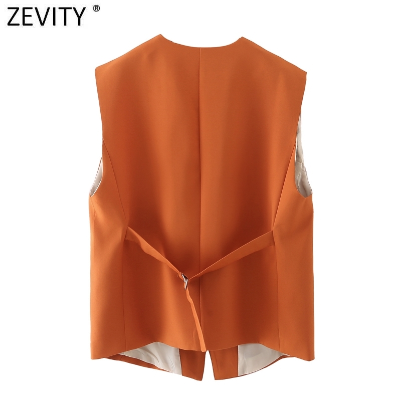 Zevity New Women Simply Sleeveless Single Breasted Orange Vest Jacket Office Lady Slim Suit WaistCoat Pockets Outwear Tops CT682 210419
