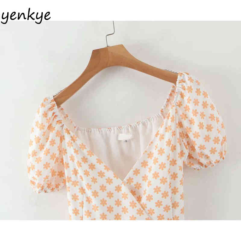 Yellow Floral Print Wrap Dress Sweet Women V Neck Short Sleeve Sundress robe femme A-line Mini Ruffle Holiday Summer Dress 210515