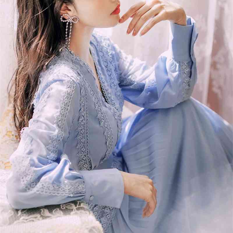 Ladies Full Sleeve Pleated Dress Robe Women's Sexy V Neck Blue Lace Chiffon Patchwork Long Vestidos 210520