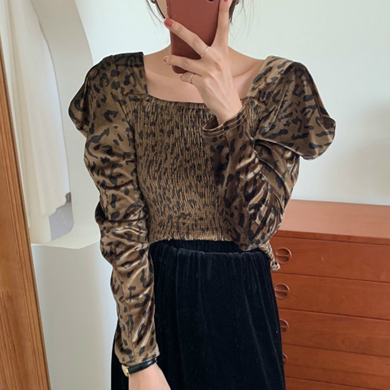 Nomikuma Women Velour Blouse Puff Long Sleeve Square Collar Korean Shirt Autumn Stretch Slim Short Top Blusas Femme 6C970 210427