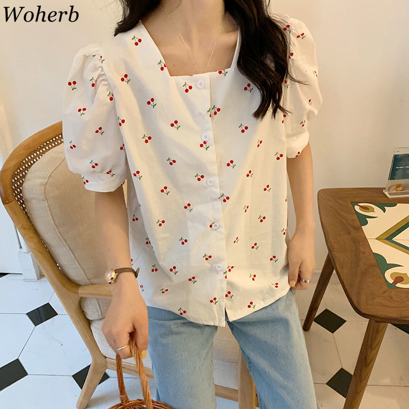 Women Blouses Vintage Shirts Print Cherry Square Collar Sweet Puff Sleeve Blouse Summer Wild Korean Clothes Tops 210519