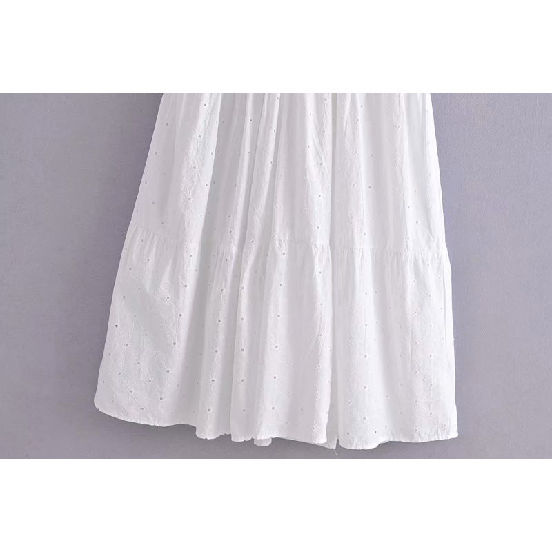 Women Embroidery Dress Hollow Out Short Sleeve V-Neck Maxi Dresses Chic Lady Casual Fashion Clothes 210517