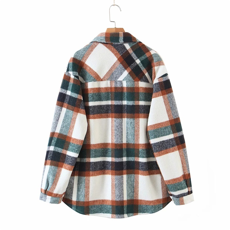 Vintage Stylish Orange And Green Plaid Jacket Coat Women Fashion Lapel Collar Long Sleeve Loose Outerwear Chic Tops 210520