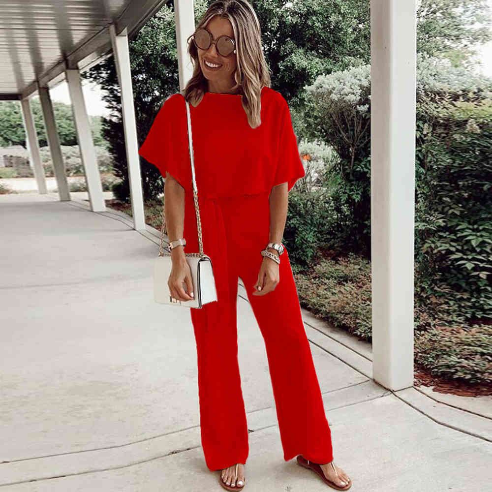 Women Jumpsuit Casual O Neck Short Sleeve Playsuit Elegant Office Lady Wide Leg Overalls Female With Belt Bodysuit Loose Rompers 210522