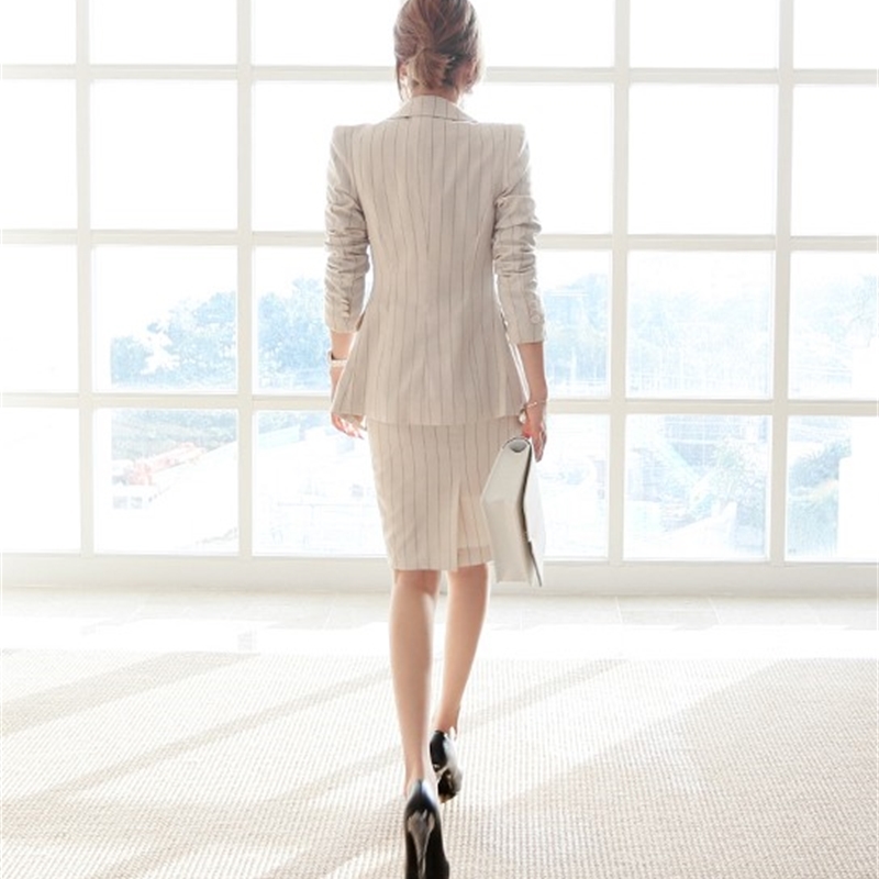 OL Work Striped Office Lady Dress Suits 2 Two Piece Sets Elegant Women Blazer Jacket + Fashion Sheath Dresses Femme 210519