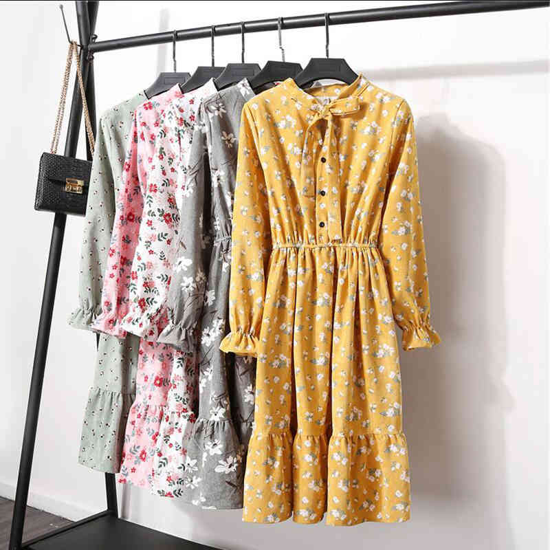 Autumn Winter Corduroy Vintage Dress Women Single-breasted Elastic Waist Floral Print Dresses Party Long Sleeve Dress Vestidos 210521