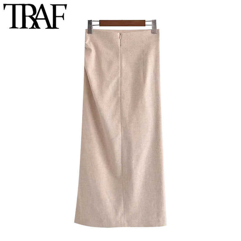 TRAF Women Chic Fashion With Draped Front Slit Linen Midi Skirt Vintage High Waist Back Zipper Female Skirts Mujer 210619