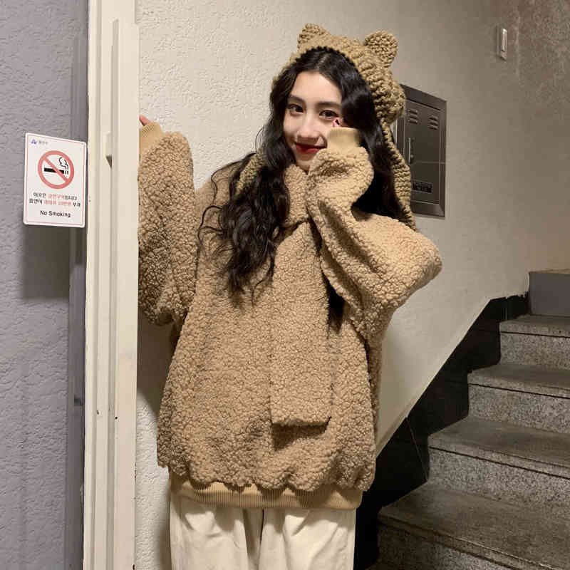 2 colors autumn winter korean style Women Sweatshirts lamb fur Long Sleeve thick warm Sweatshirt Womens pullover (C2131) 210423