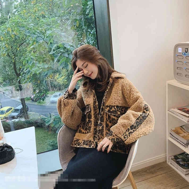 Autumn Winter Korea Fashion Splice Leopard Short Coat Thick Warm Women Jackets Loose Lamb Wool Turn-down Collar Jaket D302 210512