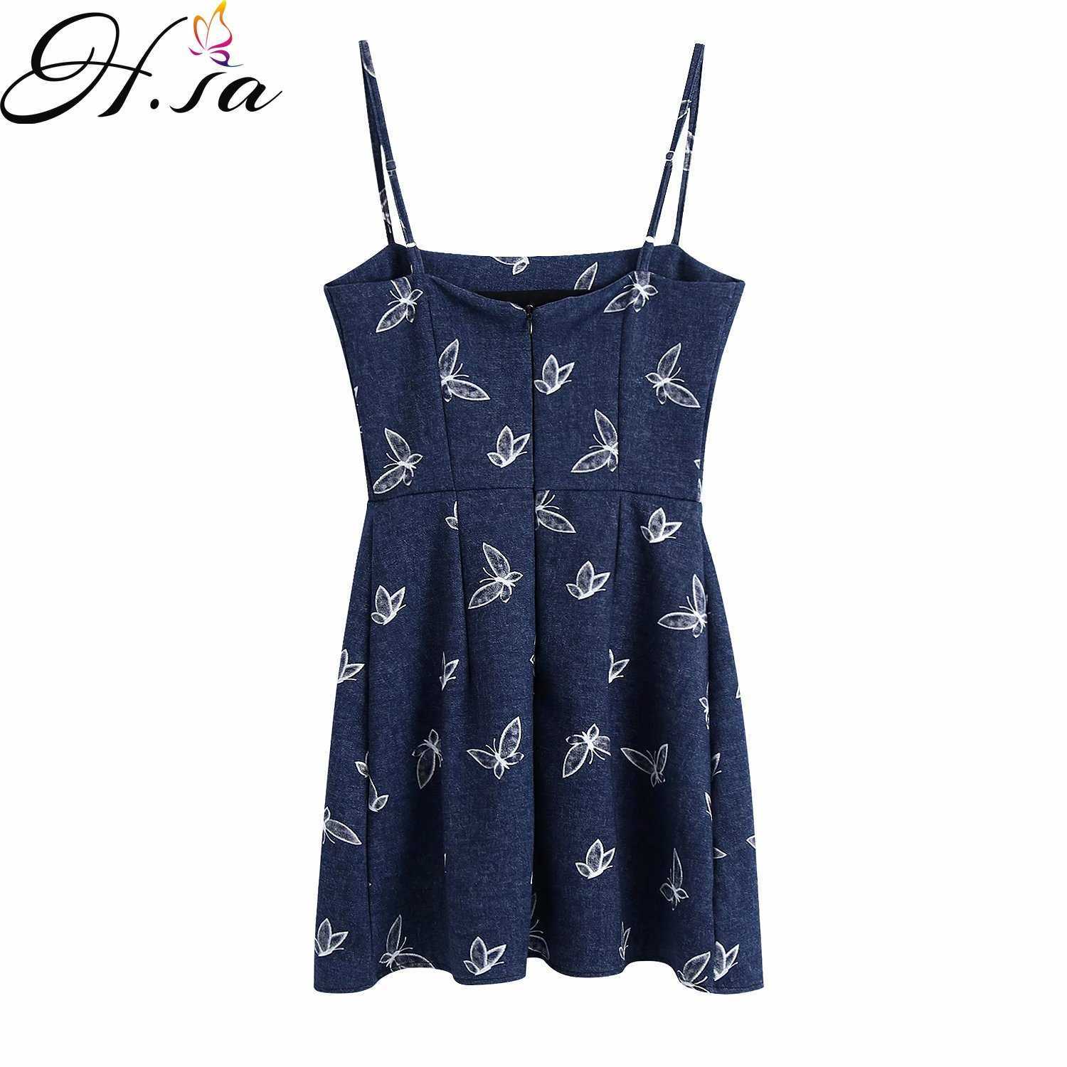 Hsa European and American Summer Wind Women's Denim Printing Slip Dress 1607 210716