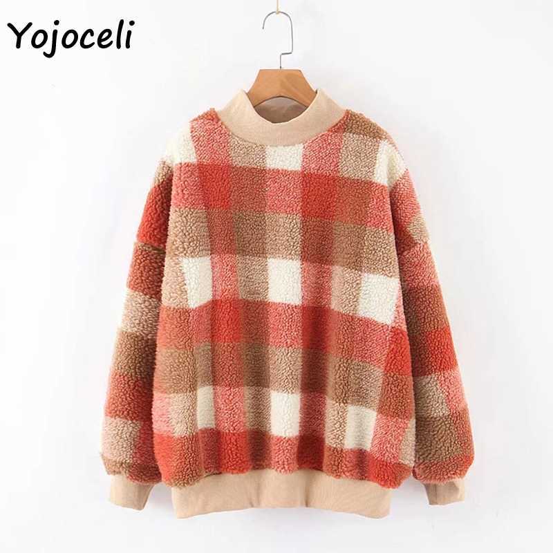 Yojoceli casual trendy plaid sweatshirt pullover women crewneck loose female top streetwear 210609