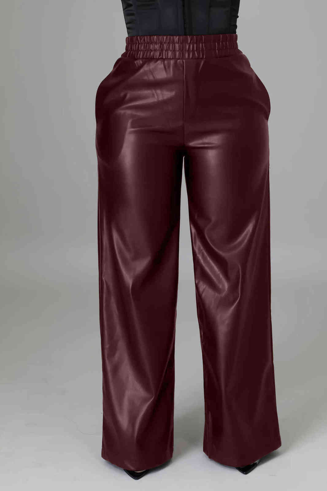CM.YAYA Women Faux Leather Straight High Waist PU Pants INS Elegant Autumn Winter Solid Wide Leg Black Trousers 211115