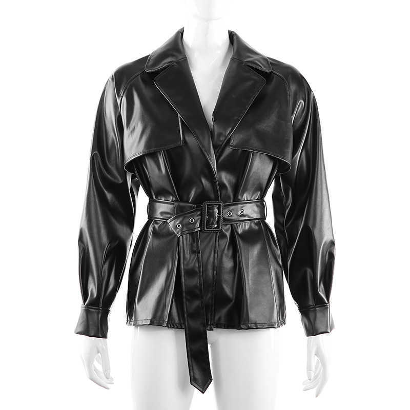 Ly Varey Lin Autumn Women Faux Soft Leather Oversize Jacket Turndown Collar Black Punk Pu Moto Overcoat With Belt 210526