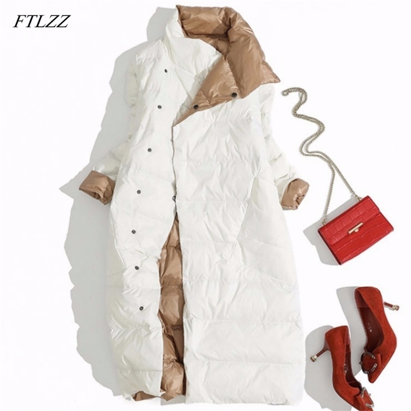 FTLZZ Plus Size 5XL Women Double Sided Down Long Jacket White Duck Down Coat Winter Double Breasted Warm Parkas Snow Outwear 210819
