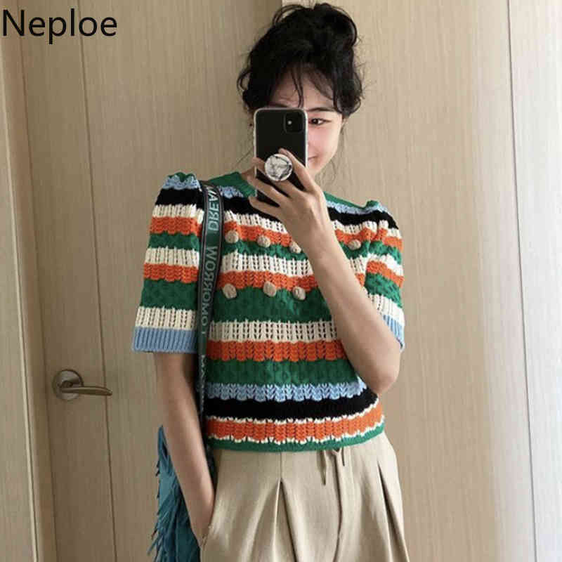 Neploe Knit Cropped T Shirt Women Summer Shirt Hollow Out Contrast Color Striped Tees Korean O Neck Pullover Short Sleeve Tops 210422