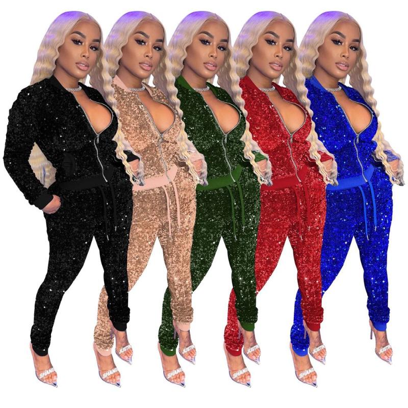 Women's Two Piece Pants Glitter Sequin Patchwork Set Fall Winter Clothes 2021 Zipper Front Long Sleeve Jackets And Drawstring Sweatpant