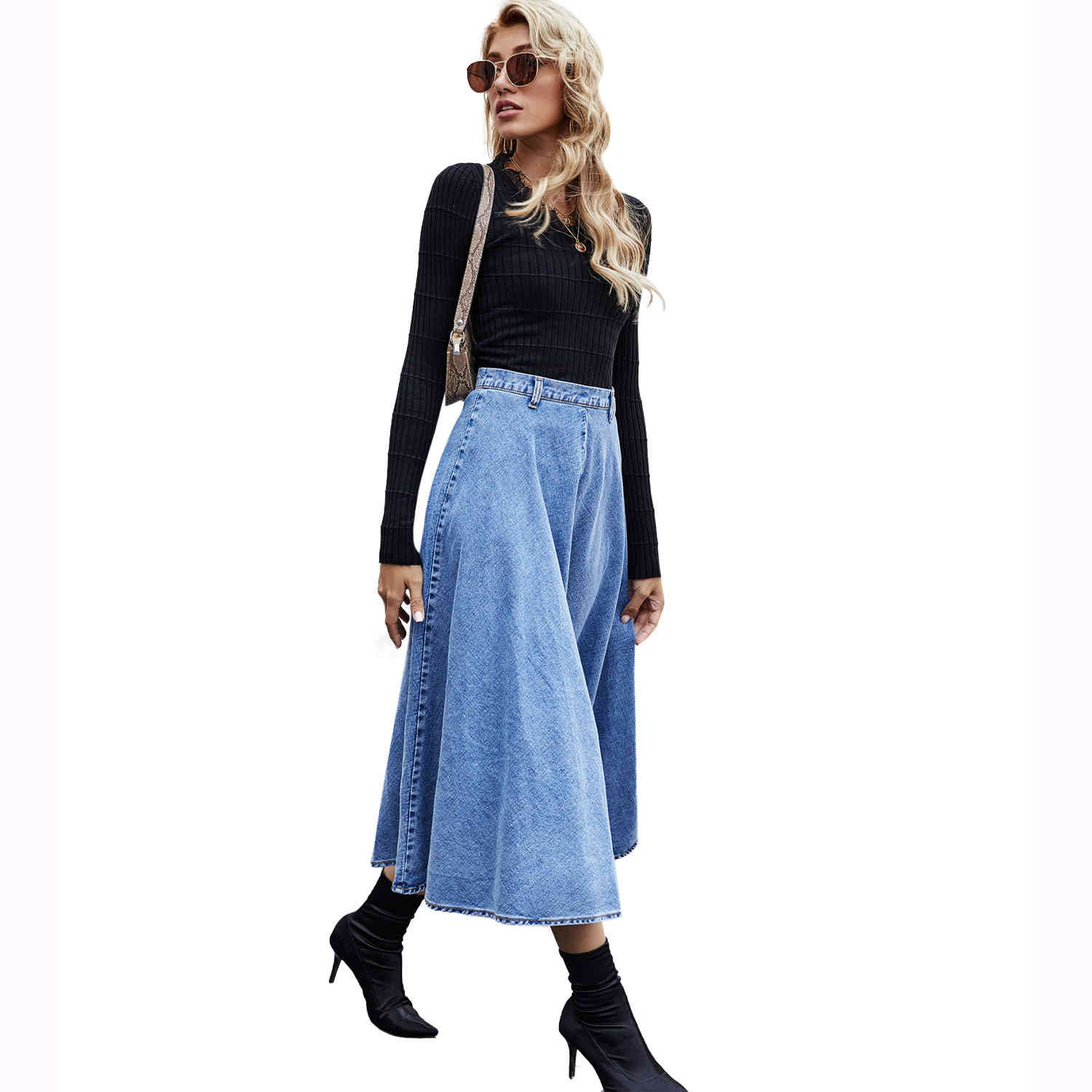 Autumn Women's fashion waist Cotton large swing denim loose skirt woman winter long Denim casual vintage s Female 210508